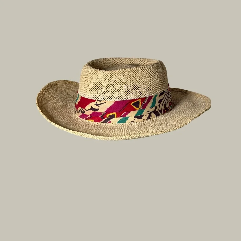 Vintage Vendome Fifth Avenue NY Straw Sun Hat Wide Brim Fedora Abstract Band USA